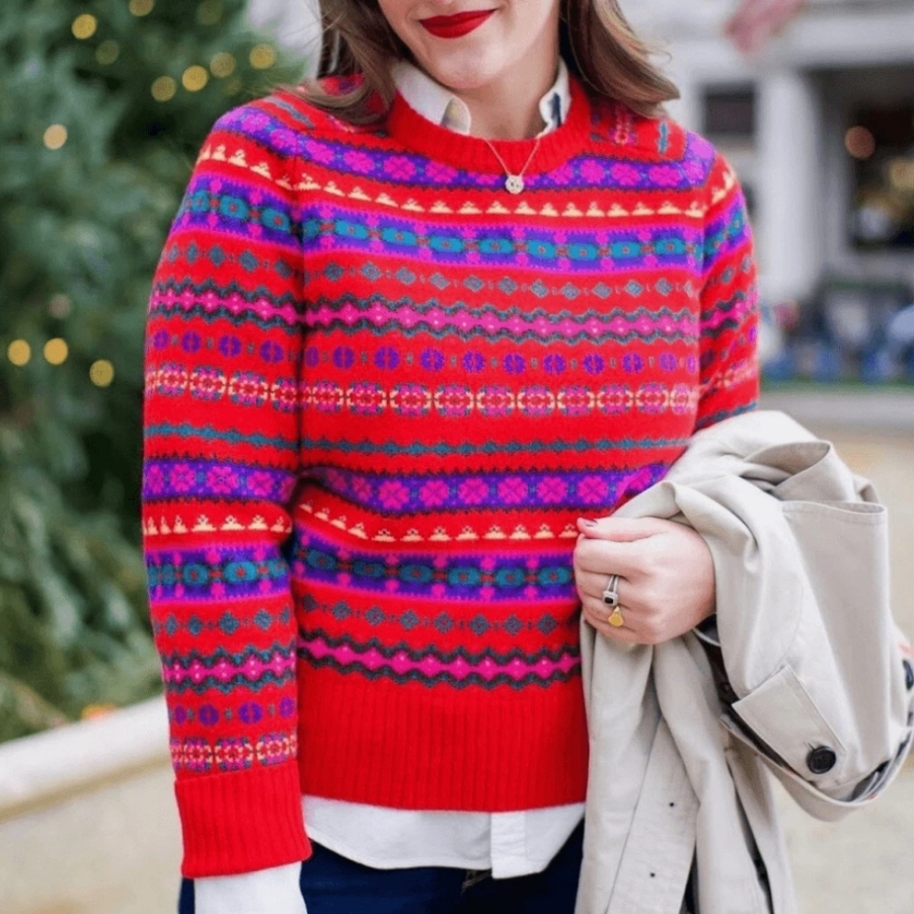 NWT J.Crew Red J. Crew Women Holly Fair Isle Poppy Sweater In 100% Wool, Size L